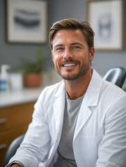 Obraz premium Smiling young doctor performing his work, showcasing professionalism, patient care, and medical expertise in a healthcare setting.