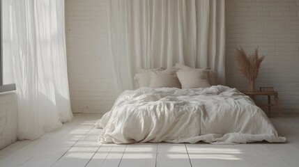 Cozy and Serene Bedroom Interior with Soft Textiles, Natural Light, and Minimalist Decor for a Relaxing Atmosphere in a Modern Home