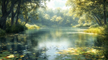 Fototapeta premium Serene forest lake with lush greenery and sunlight filtering through the trees.