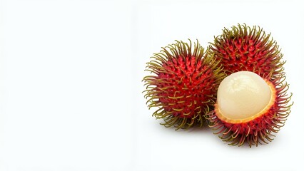 Two rambutan fruits, one peeled, on a white background.