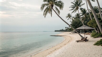 Fototapeta premium Minimalist Clipart Vacation Scenes: Tranquil Beach, Palm Trees, and Relaxation Illustrations for Serene Getaway Inspiration