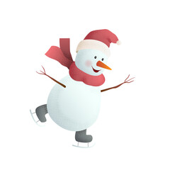 Charming 3D vector illustration of joyful snowman ice skating, wearing red scarf, Santa hat, and skates. Perfect for winter holidays, Christmas cards, and festive designs