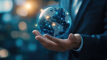 A business professional, wearing a suit, holds a glowing globe representing global connectivity and technology.