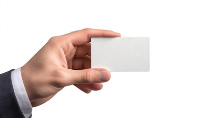 Fototapeta premium A male hand of Middle-Eastern descent holding a blank business card against a white background.