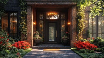 Elegant entrance with lush greenery and vibrant flowers.