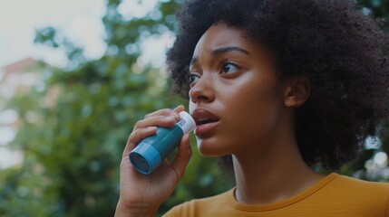 Concerned Woman Using Inhaler in Outdoor Setting