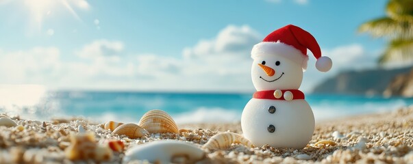 A cheerful snowman in a Santa hat on a sunny beach, blending winter and summer vibes.