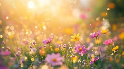 Fototapeta premium A vibrant field of wildflowers in various colors, illuminated by warm sunlight, creating a dreamy, ethereal atmosphere.