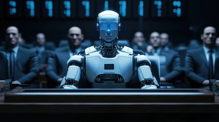 A humanoid robot sits at a table among human figures in suits.