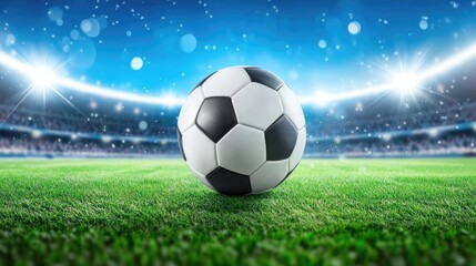 Naklejka premium A classic black and white soccer ball on a vibrant green field, illuminated by stadium lights for a thrilling game atmosphere.
