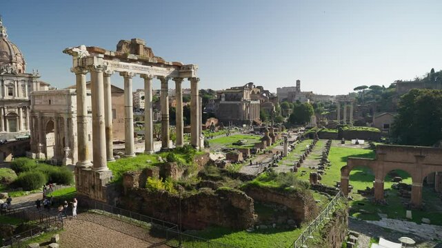 Columns of ancient Rome at the Roman Forum. Italy. Close-up of the columns and capitals around the Colosseum at the Imperial Forums.