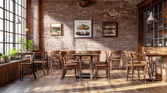 Cozy interior of a modern café featuring wooden tables and a rustic brick wall.