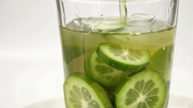 chayote juice being poured into a glass surrounded by fresh chayote slices, close-up of chayote juice flowing into a glass with fresh chayote fruits