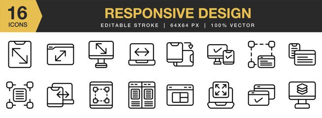 Fototapeta premium Responsive Design icon set. Editable Stroke Icon Collection. Includes Design, Mobile, Monitor, Responsive, Responsive Design, and More. Outline icons vector collection.