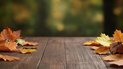 A tranquil table setting adorned with autumn leaves and natural wood, evoking cozy vibes.