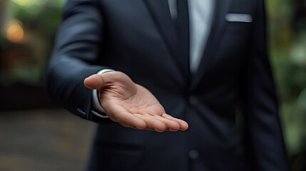 A man in a suit extends his hand as if offering a handshake, embodying professionalism and confidence.