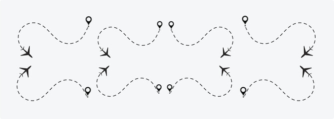  plane routes dotted paths aircraft travel route start point Flight route with start point and dash line