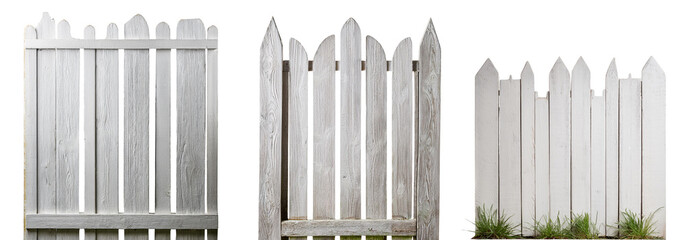 Obraz premium Three distinct white wooden fences showcasing different designs and textures in a minimalist style.