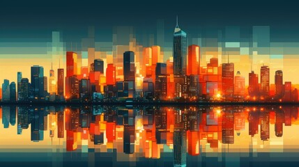 Fototapeta premium City skyline at night with illuminated buildings and glowing street lights