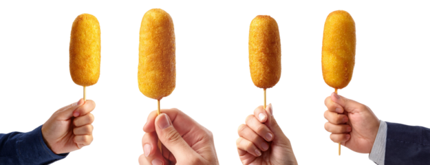 Delicious corndogs held by different hands, showcasing a fun food experience perfect for fairs and picnics.