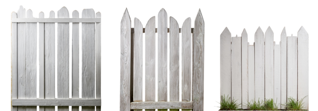 Three distinct white wooden fences showcasing different designs and textures in a minimalist style.