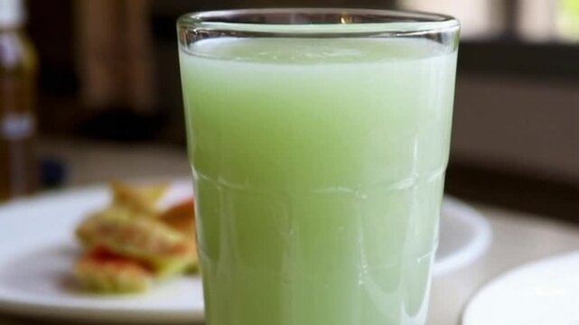 fresh chayote juice pouring into a glass with a green hue, vibrant green chayote juice filling a glass with refreshing flavor