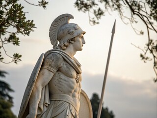 Minimalist Photography of a Marble Statue of a Greek Warrior Set Against a Soft Background, Highlighting Its Form and Texture with Natural Light for Timeless Elegance