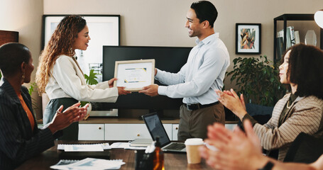 Office, woman and man with applause at award ceremony for achievement, success and well done. People, employees and happy or clapping hands at boardroom with certificate for celebration or completion