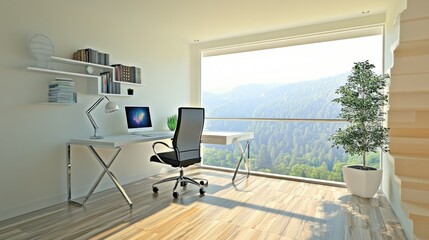 Modern Home Office with Mountain View and Desk with Computer