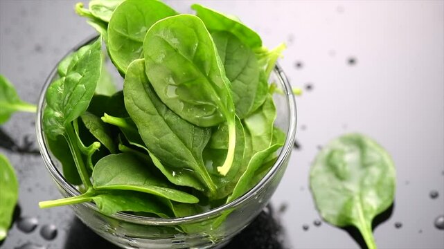 Spinach in a transparent glass bowl on gray background with reflection. Heap of Baby spinach fresh leaves close up with water drops, Healthy vegan food, diet, dieting, vitamin concept, rotating 