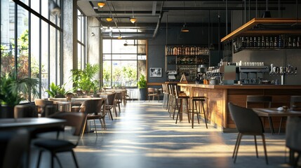 Inviting and modern café interior with warm lighting and greenery, creating a cozy atmosphere for relaxation and dining.