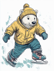 Card with a polar Bear skating on ice, snow and winter trees.