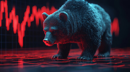 bear stands on digital landscape with red graph lines, symbolizing market trends and strategies. scene conveys sense of determination and focus