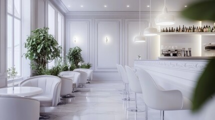 Fototapeta premium Bright and elegant café interior featuring stylish white furniture and lush greenery.