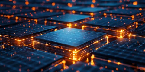 Obraz premium Vibrant artistic representation of solar cells harnessing sunlight for sustainable energy innovation.