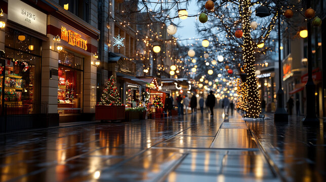 Calle iluminada con decoraciones navide&ntilde;as, &aacute;rboles con luces y escaparates decorados en un entorno urbano durante la noche.

