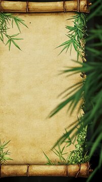 A parchment scroll with bamboo borders sits on a dark background with green foliage