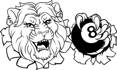 A lion angry mean pool billiards mascot cartoon character holding a black 8 ball.