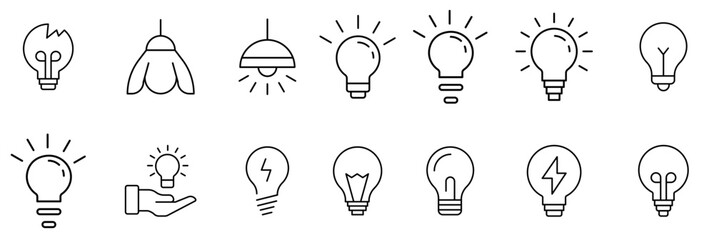 Light Bulb line icon set vector, isolated on white background. Idea sign, solution, thinking concept. Lighting Electric lamp. Electricity, shine. Trendy Flat