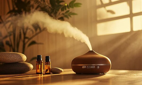 A diffuser emitting steam, surrounded by essential oils and stones in a warm, serene setting.
