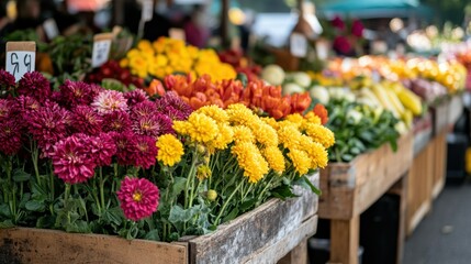 Fototapeta premium Colorful Flowers in Wooden Crates at a Market Stall