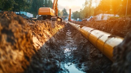 Excavator digging trench for laying underground pipes.