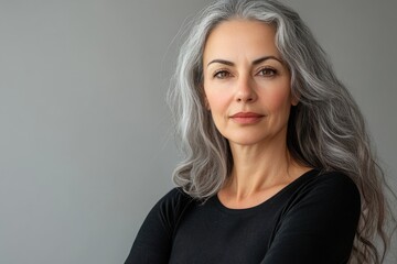 Fototapeta premium Pretty middle aged lady posing over grey background