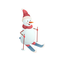 Playful 3D vector illustration of skiing snowman dressed in Santa hat and red scarf, holding ski poles. Ideal for holiday themed projects, winter sports graphics, and Christmas cards