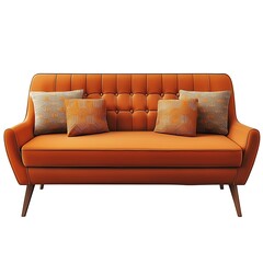 Fototapeta premium Stylish Orange Sofa with Geometric Pillows Perfect for Modern Living Spaces, Creating a Vibrant and Cozy Atmosphere in Any Interior Design