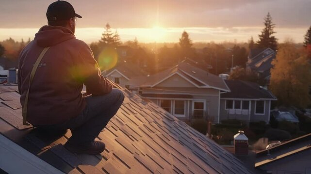 Professional roofer working at sunset