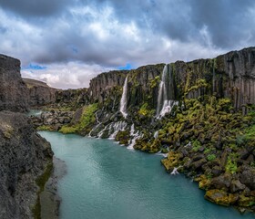 Waterfall and turquoise river in Iceland