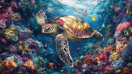 Obraz premium Majestic Sea Turtle Swimming Gracefully Through Vibrant Coral Reef teeming with Colorful Fish and Marine Life, Capturing the Essence of Ocean Beauty and Biodiversity