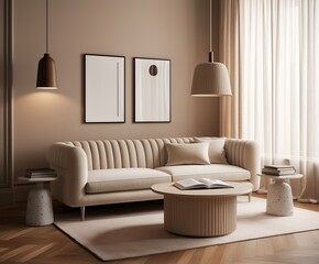 A Scandinavian-inspired living room with a off-white sofa set and blank vertical frames with frames are placed on the off-white wall 3d illustration image..