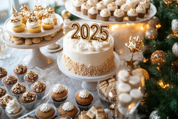 festive dessert table featuring variety of delicious treats for New Years celebration, including...